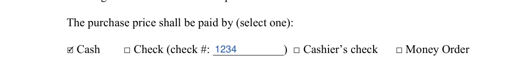 Kansas boat bill of sale: The purchase price shall be paid by (select one), filled with sample entries