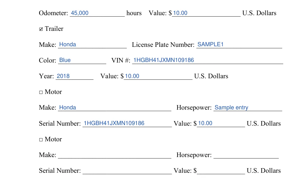 Louisiana boat bill of sale: Trailer, Make of the trailer and more, filled with sample entries