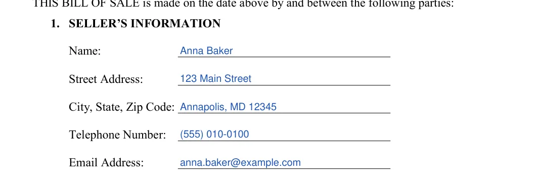 Maryland boat bill of sale: 1. SELLER’S INFORMATION, filled with sample entries