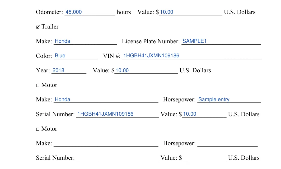 Maryland boat bill of sale: Trailer, Make of the trailer and more, filled with sample entries