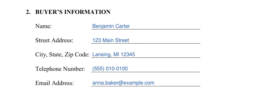 Michigan boat bill of sale: 2. BUYER’S INFORMATION, filled with sample entries