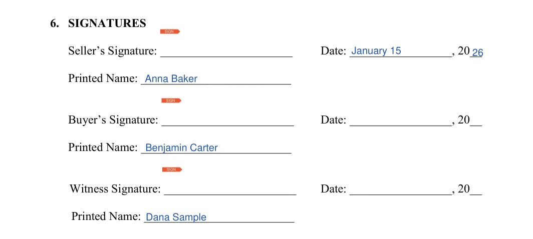 Michigan boat bill of sale: 6. SIGNATURES, filled with sample entries