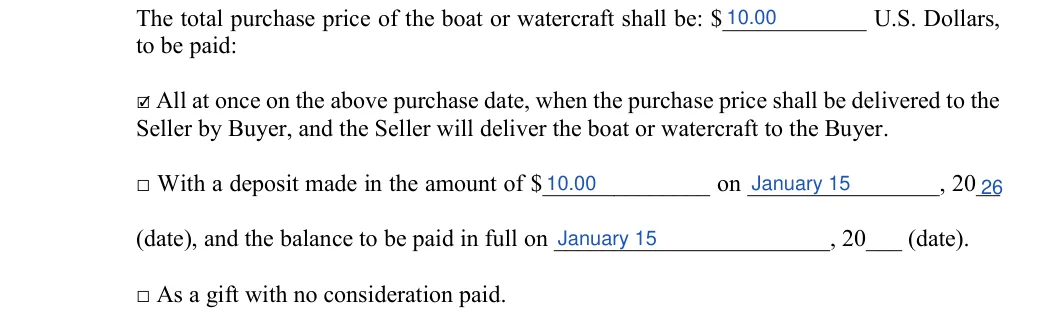 Minnesota boat bill of sale: to be paid, filled with sample entries