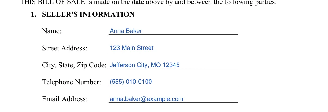 Missouri boat bill of sale: 1. SELLER’S INFORMATION, filled with sample entries