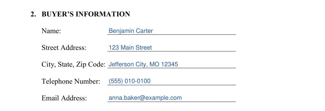 Missouri boat bill of sale: 2. BUYER’S INFORMATION, filled with sample entries