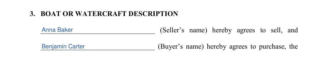 Missouri boat bill of sale: 3. BOAT OR WATERCRAFT DESCRIPTION, filled with sample entries