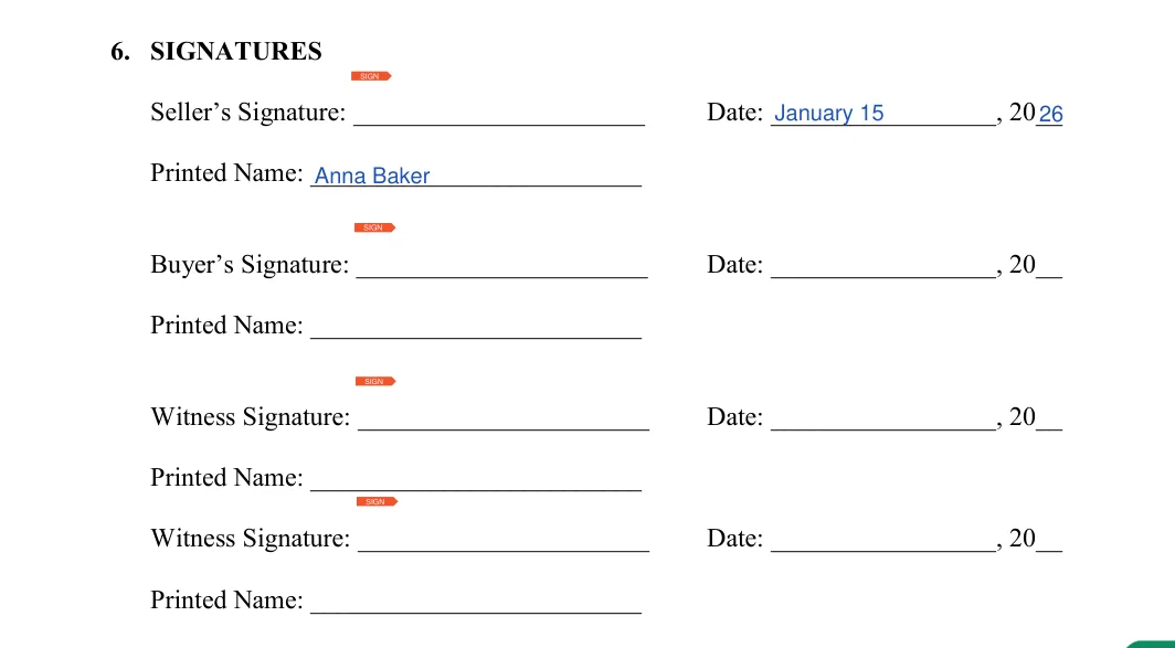 Oregon boat bill of sale: 6. SIGNATURES, filled with sample entries