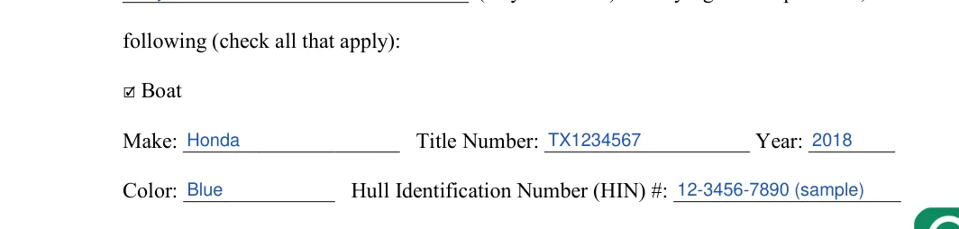 Wisconsin boat bill of sale: following (check all that apply), filled with sample entries