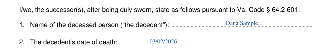 Virginia small estate affidavit, Form CC-1685: decedent and date of death, filled with sample entries