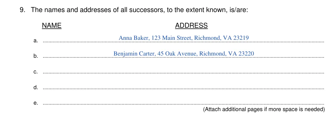Virginia small estate affidavit, Form CC-1685: names and addresses of all successors, filled with sample entries