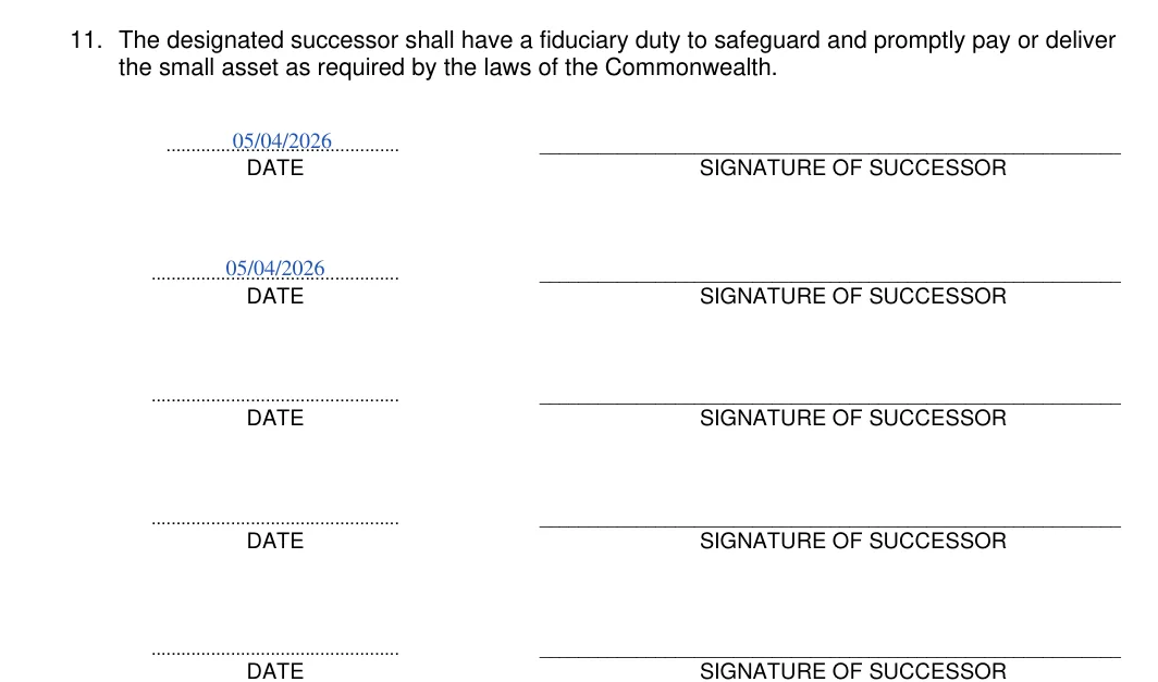 Virginia small estate affidavit, Form CC-1685: successor signatures and dates, filled with sample entries