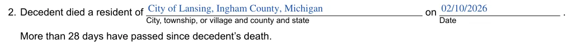 Michigan small estate affidavit, PC 598: residence and date of death, filled with sample entries