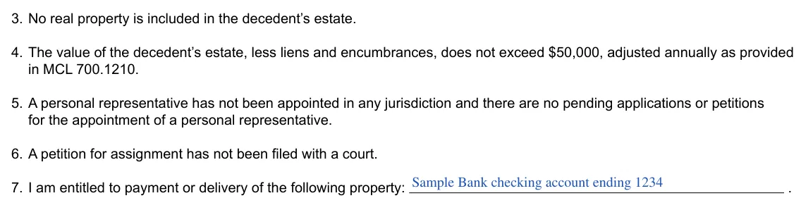 Michigan small estate affidavit, PC 598: printed statements and the property you claim, filled with sample entries