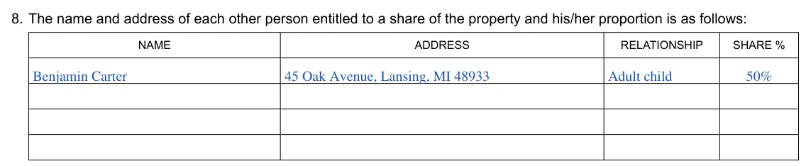 Michigan small estate affidavit, PC 598: other persons entitled to a share, filled with sample entries