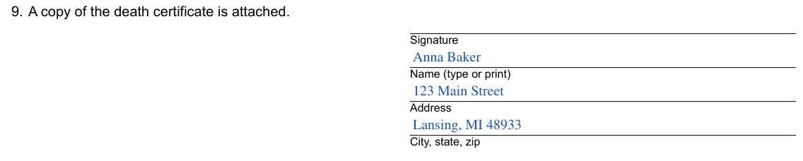 Michigan small estate affidavit, PC 598: death certificate and your signature, filled with sample entries