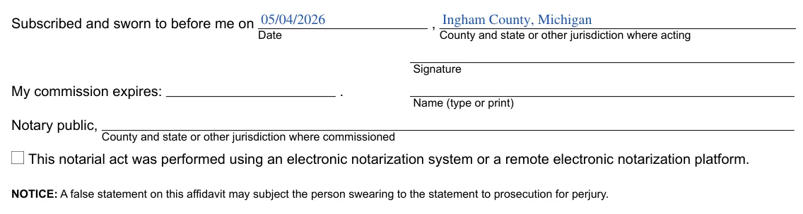 Michigan small estate affidavit, PC 598: notary block, filled with sample entries