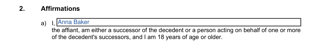Colorado small estate affidavit, JDF 999: affiant name and age, filled with sample entries