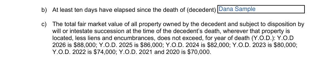 Colorado small estate affidavit, JDF 999: decedent, ten days and value limit, filled with sample entries