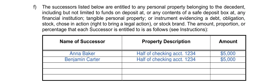 Colorado small estate affidavit, JDF 999: successors and their shares, filled with sample entries