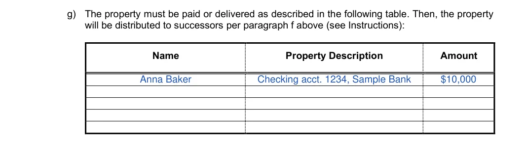 Colorado small estate affidavit, JDF 999: who the property is paid or delivered to, filled with sample entries