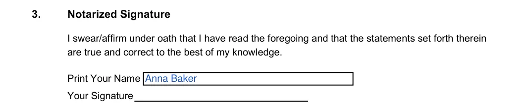 Colorado small estate affidavit, JDF 999: your printed name and signature, filled with sample entries