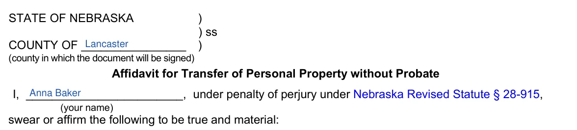 Nebraska small estate affidavit, CC 15:40: county and your name, filled with sample entries