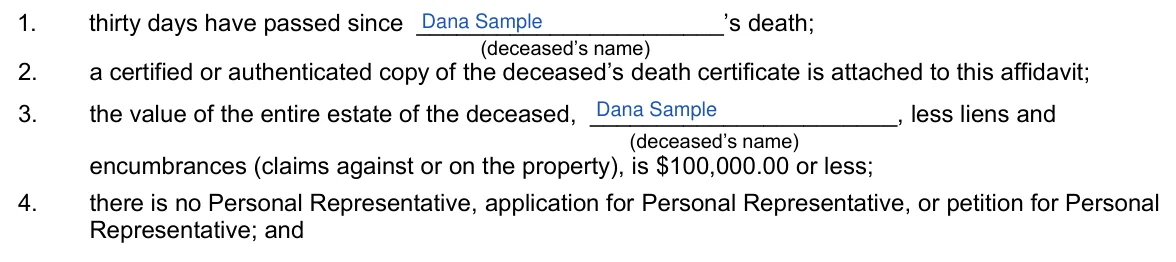 Nebraska small estate affidavit, CC 15:40: deceased person's name in statements 1 and 3, filled with sample entries