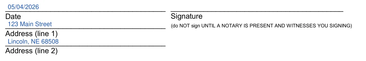 Nebraska small estate affidavit, CC 15:40: date, signature and address, filled with sample entries