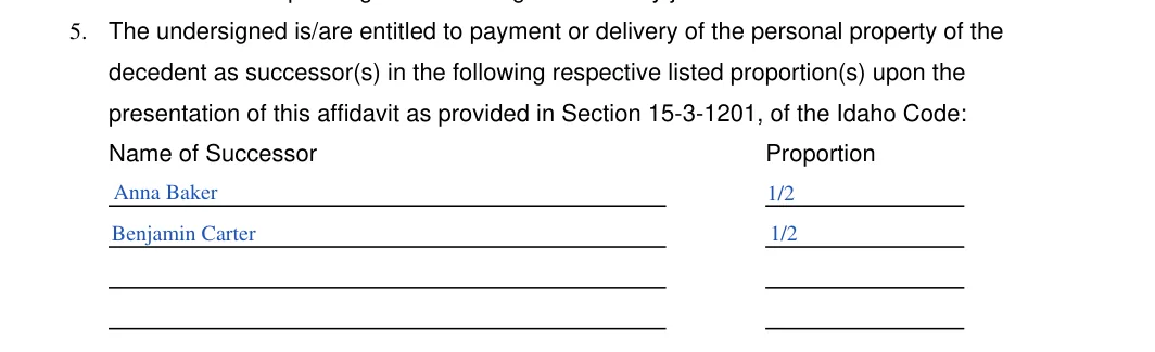 Idaho small estate affidavit, CAO Pb 01: successors and their proportions, filled with sample entries