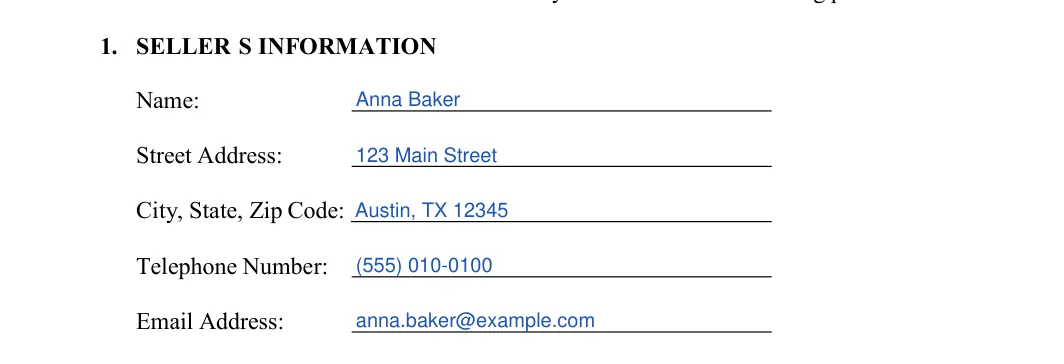 Texas trailer bill of sale: 1. SELLER S INFORMATION, filled with sample entries