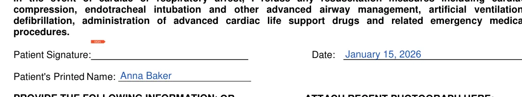 Arizona DNR order: Patient signature, Date and more, filled with sample entries