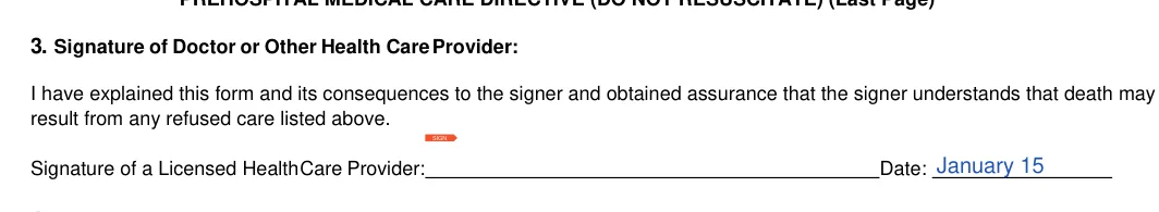 Arizona DNR order: 3. Signature of Doctor or Other Health Care Provider, filled with sample entries