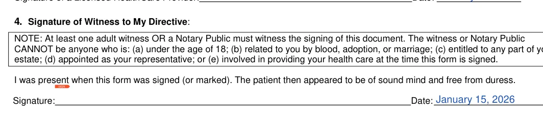 Arizona DNR order: 4. Signature of Witness to My Directive, filled with sample entries