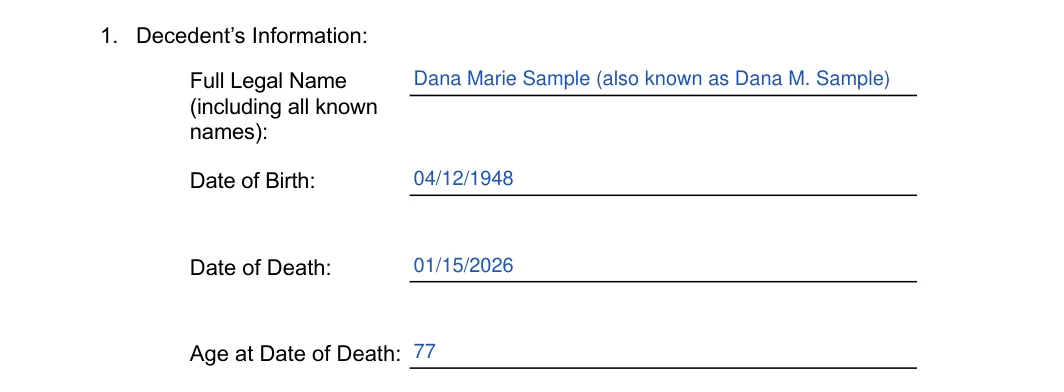 South Carolina small estate affidavit, Form SCCA 420ES: decedent's information, filled with sample entries