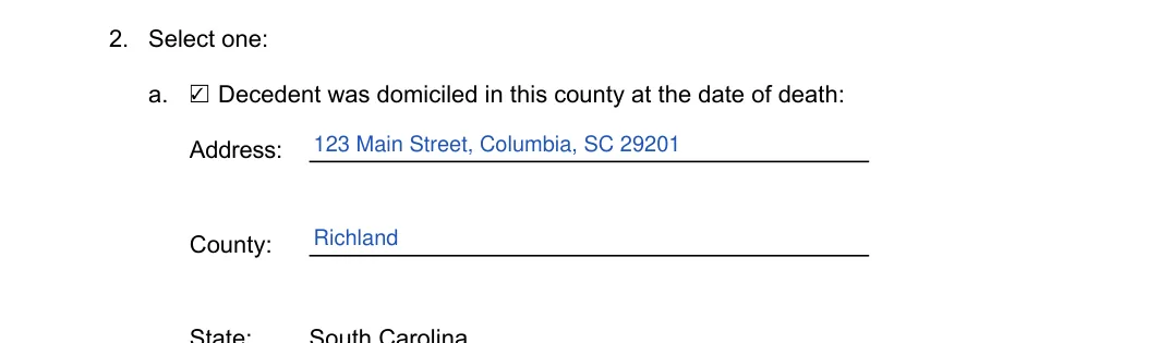 South Carolina small estate affidavit, Form SCCA 420ES: domicile of the decedent, filled with sample entries