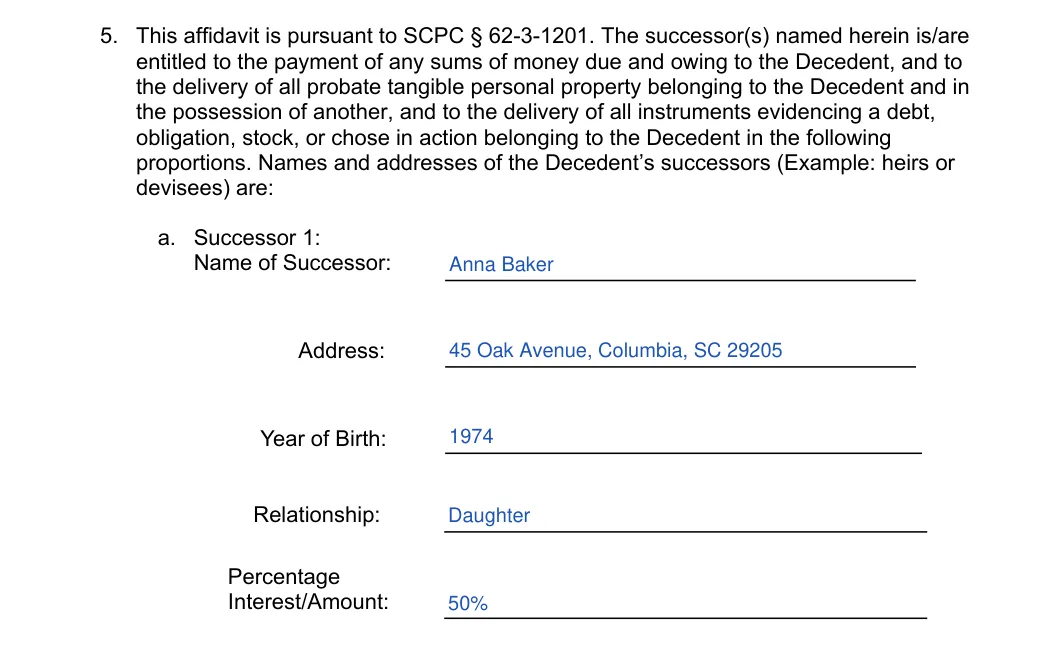 South Carolina small estate affidavit, Form SCCA 420ES: successors, filled with sample entries