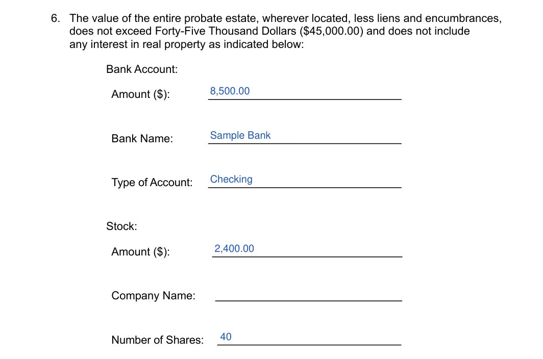 South Carolina small estate affidavit, Form SCCA 420ES: bank account and stock, filled with sample entries