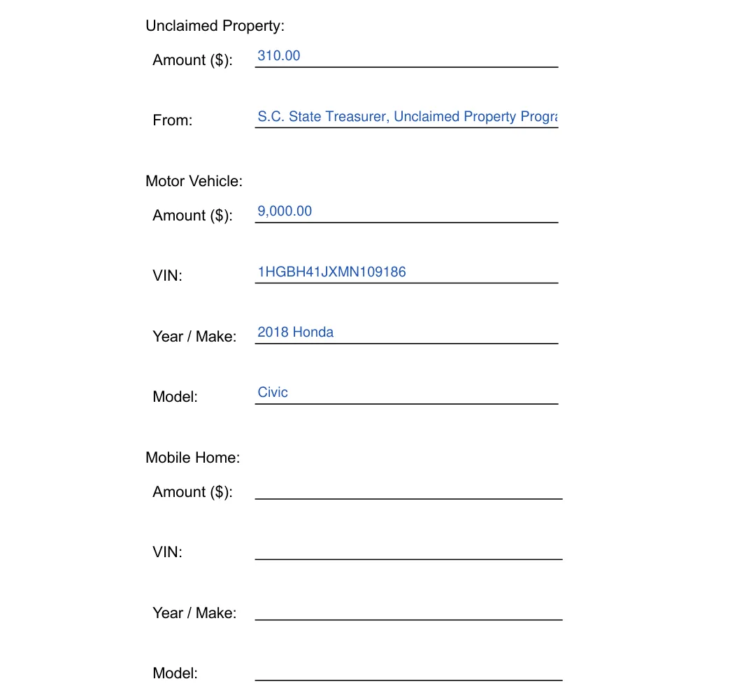 South Carolina small estate affidavit, Form SCCA 420ES: unclaimed property, vehicle and mobile home, filled with sample entries