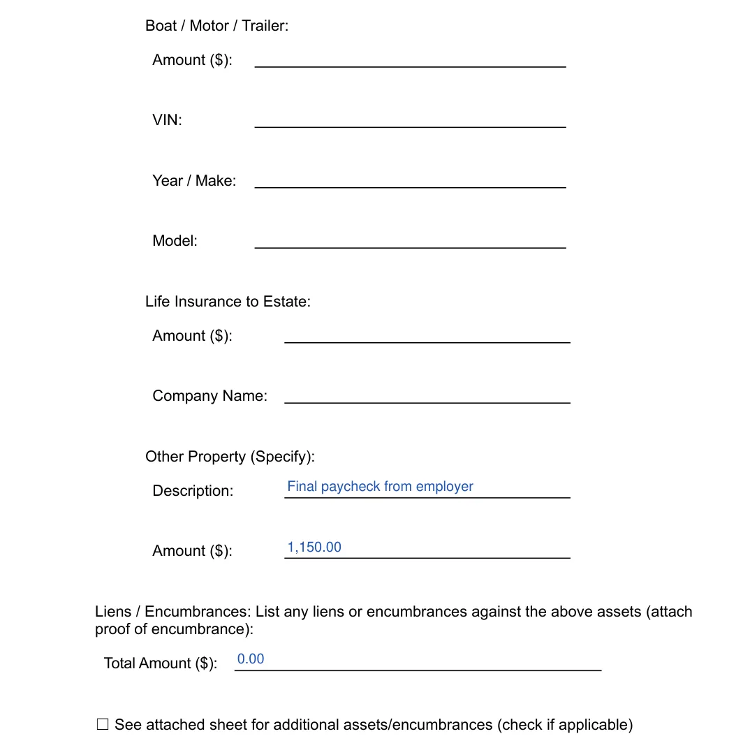 South Carolina small estate affidavit, Form SCCA 420ES: boat, life insurance, other property and liens, filled with sample entries