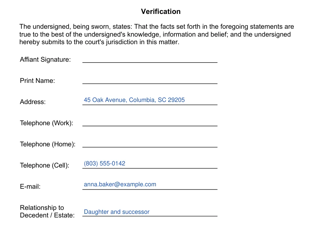 South Carolina small estate affidavit, Form SCCA 420ES: verification and affiant details, filled with sample entries