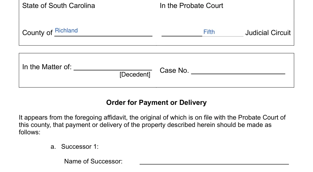 South Carolina small estate affidavit, Form SCCA 420ES: order for payment or delivery, filled with sample entries