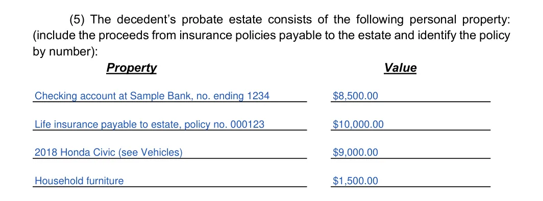 Kansas small estates affidavit, Kansas Judicial Council form: paragraph (5), personal property and value, filled with sample entries
