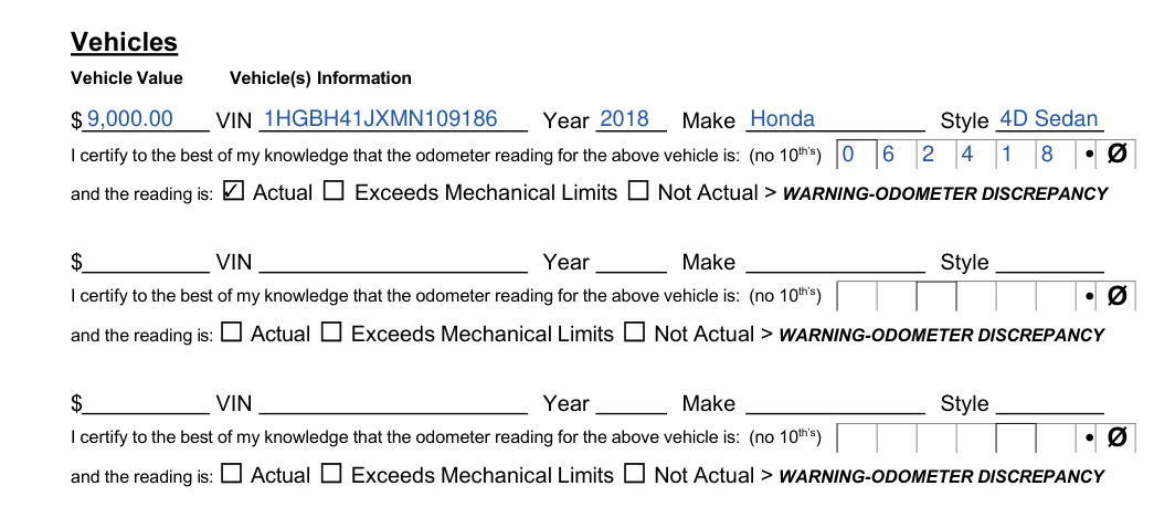 Kansas small estates affidavit, Kansas Judicial Council form: vehicles, filled with sample entries