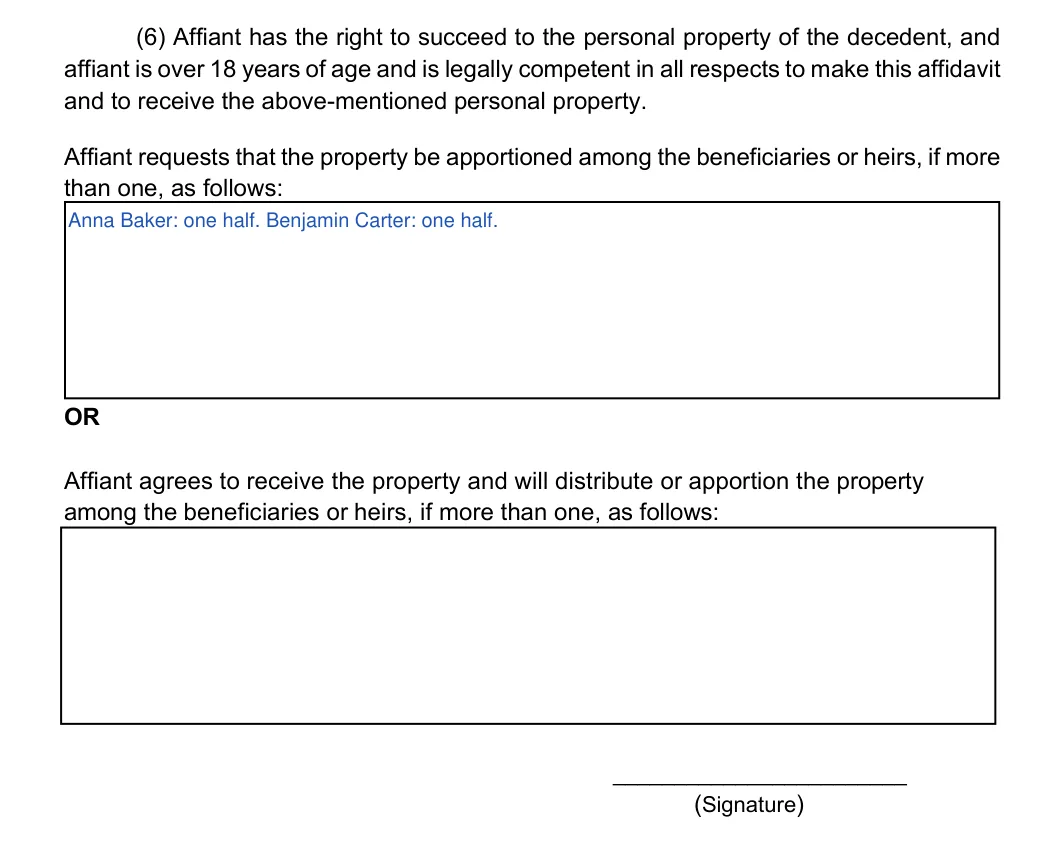 Kansas small estates affidavit, Kansas Judicial Council form: paragraph (6), apportionment and signature, filled with sample entries