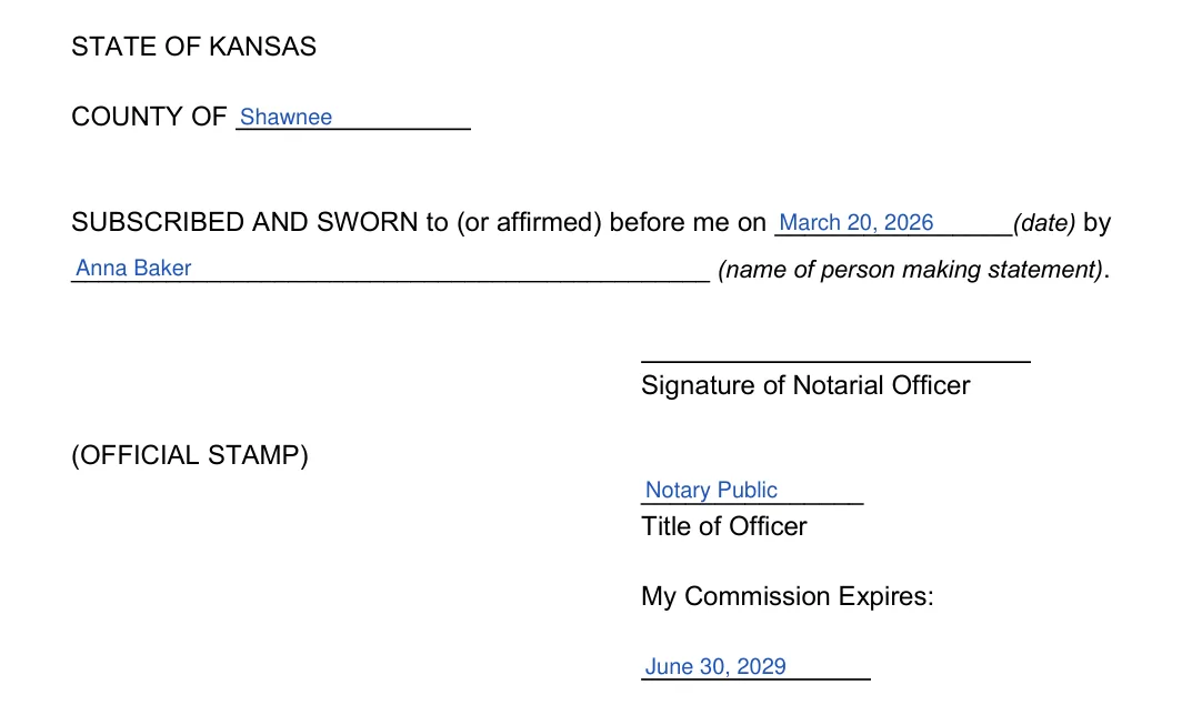 Kansas small estates affidavit, Kansas Judicial Council form: notary block, filled with sample entries
