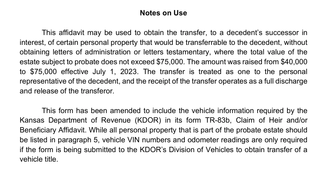 Kansas small estates affidavit, Kansas Judicial Council form: notes on use, filled with sample entries