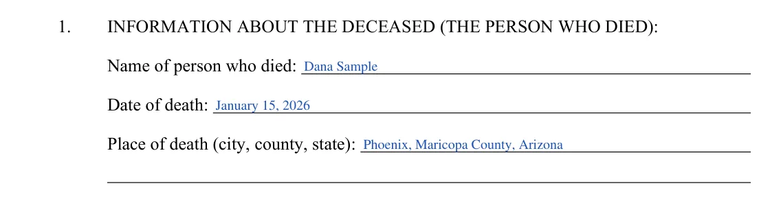 Arizona small estate affidavit, form PBSE11f: information about the deceased, filled with sample entries