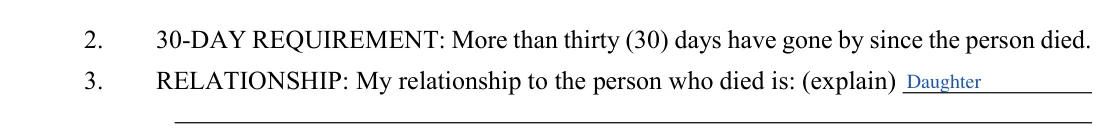 Arizona small estate affidavit, form PBSE11f: 30-day requirement and relationship, filled with sample entries