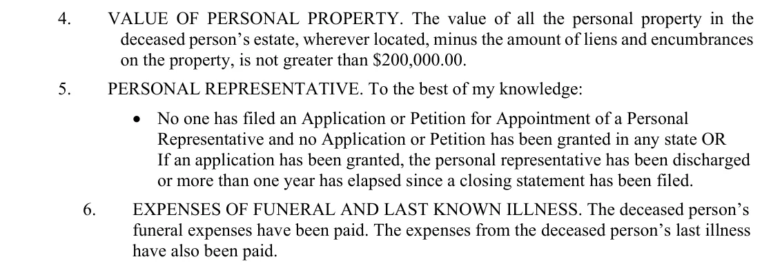 Arizona small estate affidavit, form PBSE11f: value, personal representative and expenses, filled with sample entries