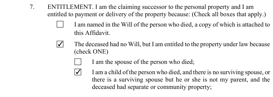 Arizona small estate affidavit, form PBSE11f: entitlement, filled with sample entries